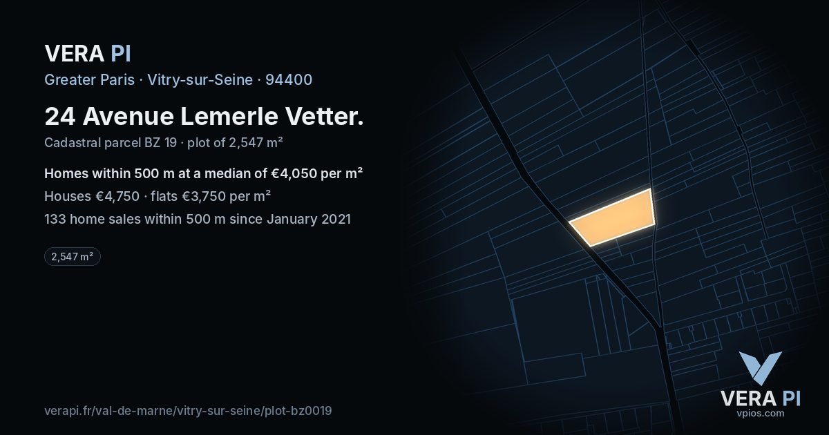 24 Avenue Lemerle Vetter, Vitry-sur-Seine at night – the plot lit, the parcels around coloured by the prices near them