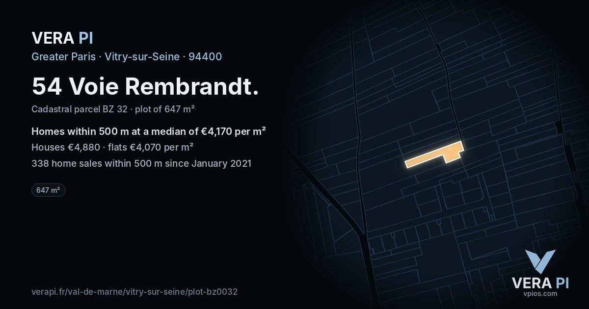 54 Voie Rembrandt, Vitry-sur-Seine at night – the plot lit, the parcels around coloured by the prices near them
