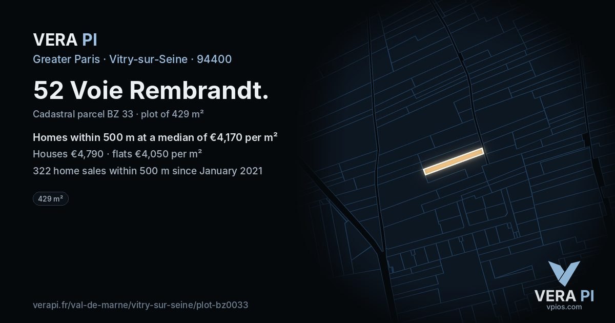 52 Voie Rembrandt, Vitry-sur-Seine at night – the plot lit, the parcels around coloured by the prices near them