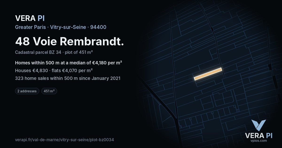 48 Voie Rembrandt, Vitry-sur-Seine at night – the plot lit, the parcels around coloured by the prices near them