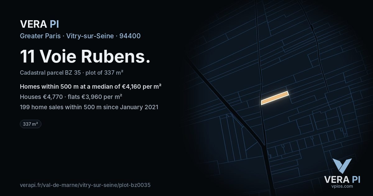 11 Voie Rubens, Vitry-sur-Seine at night – the plot lit, the parcels around coloured by the prices near them