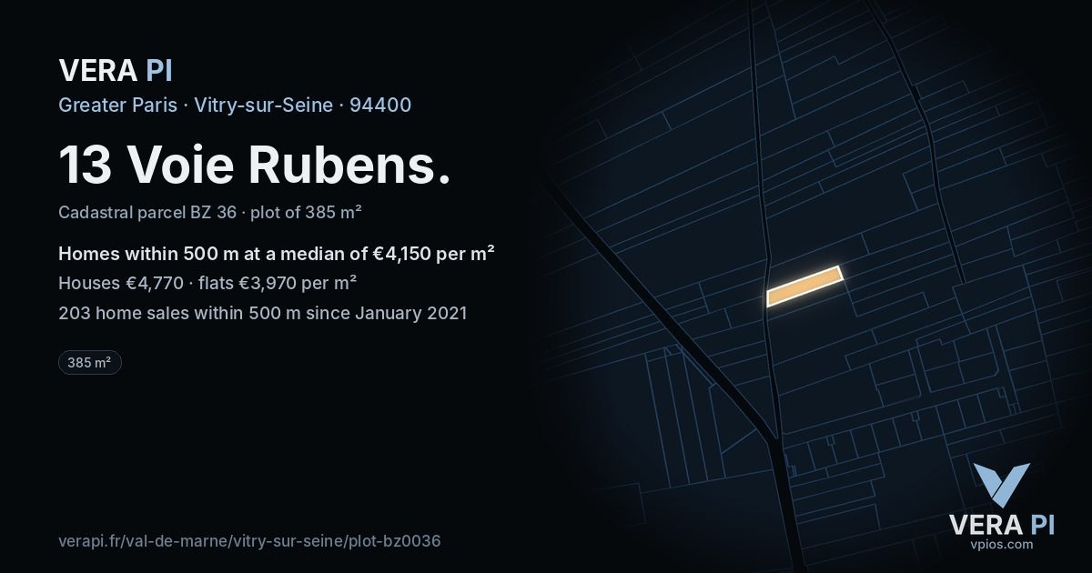 13 Voie Rubens, Vitry-sur-Seine at night – the plot lit, the parcels around coloured by the prices near them