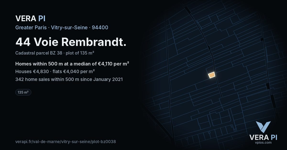 44 Voie Rembrandt, Vitry-sur-Seine at night – the plot lit, the parcels around coloured by the prices near them