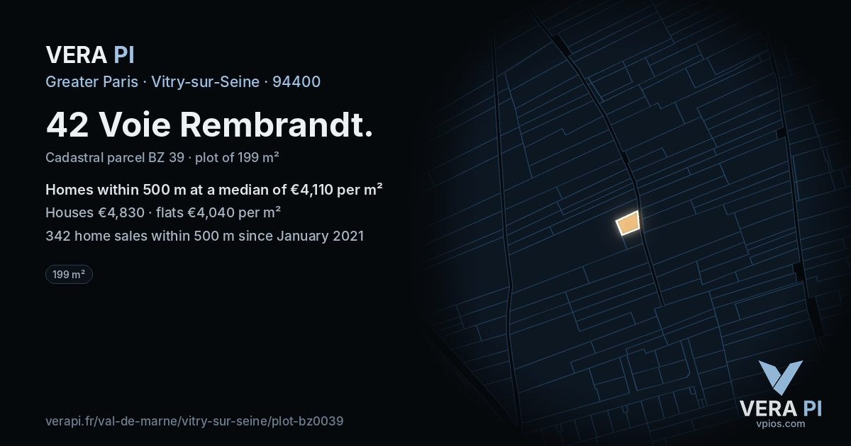 42 Voie Rembrandt, Vitry-sur-Seine at night – the plot lit, the parcels around coloured by the prices near them
