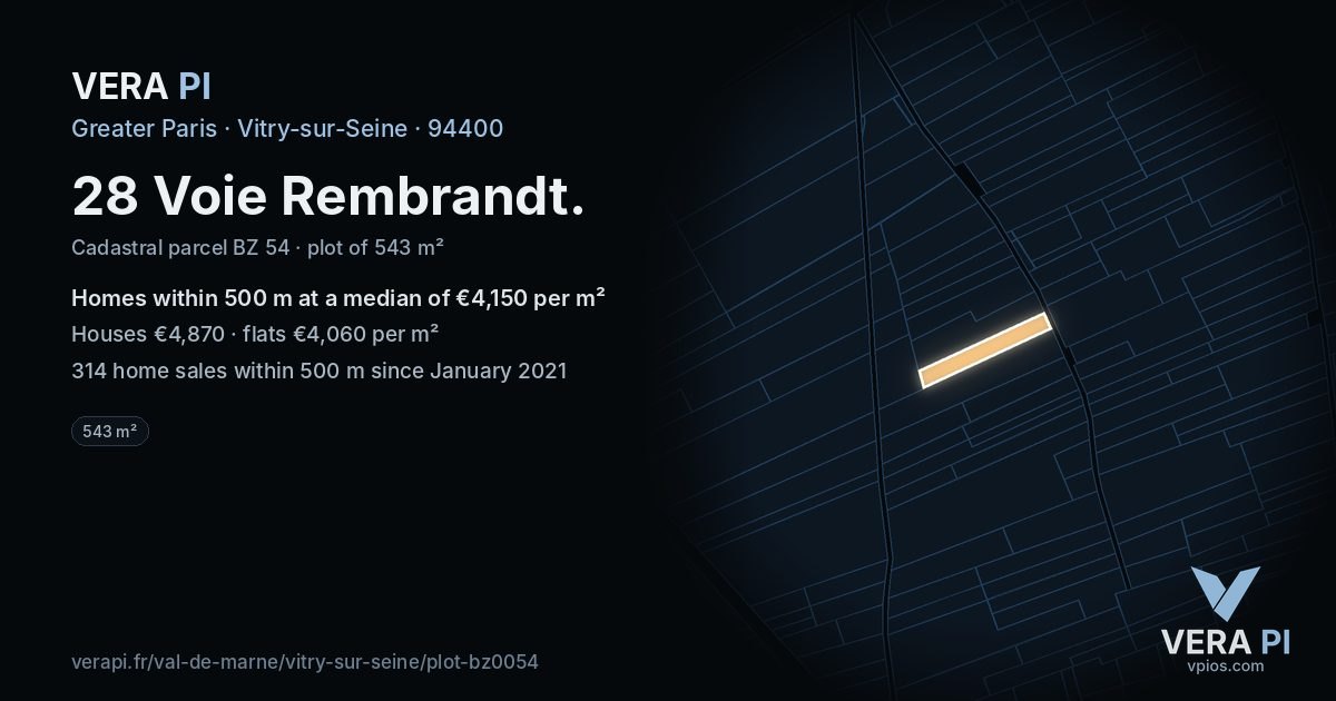 28 Voie Rembrandt, Vitry-sur-Seine at night – the plot lit, the parcels around coloured by the prices near them