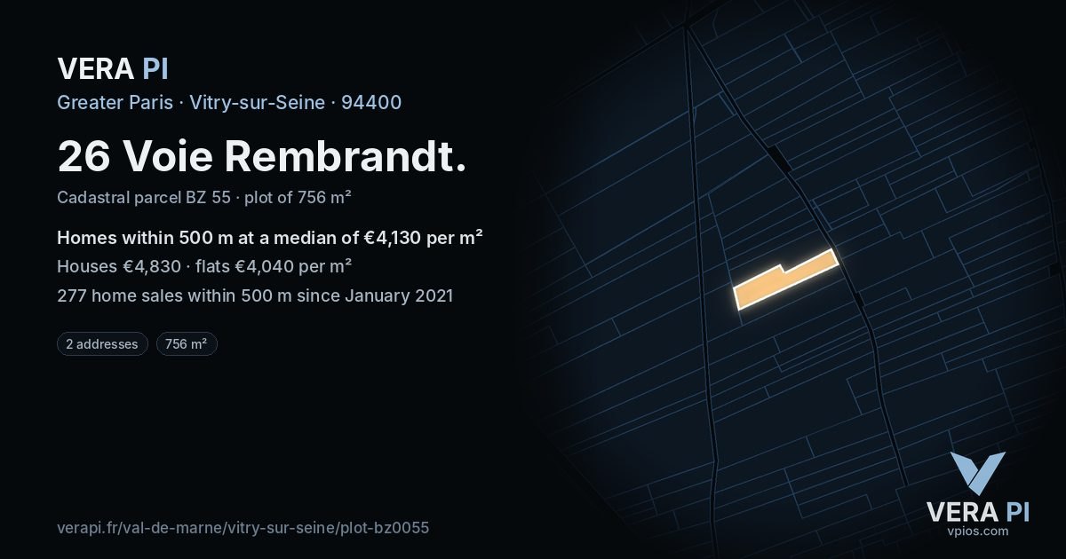 26 Voie Rembrandt, Vitry-sur-Seine at night – the plot lit, the parcels around coloured by the prices near them