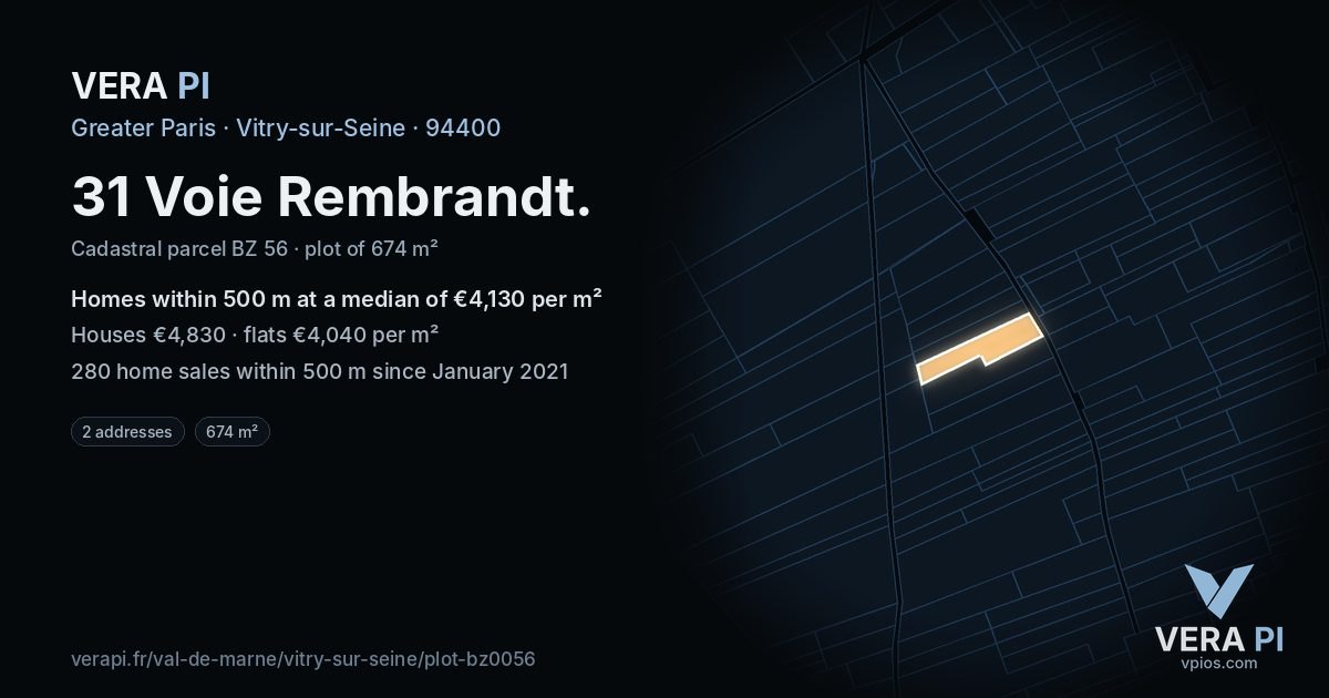 31 Voie Rembrandt, Vitry-sur-Seine at night – the plot lit, the parcels around coloured by the prices near them