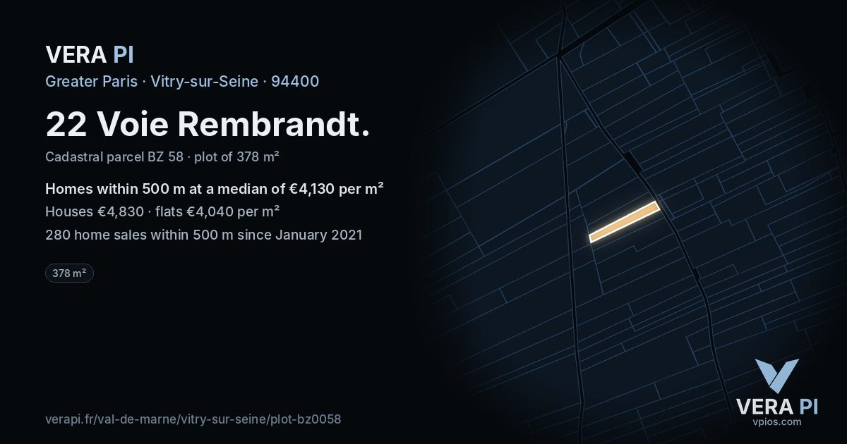22 Voie Rembrandt, Vitry-sur-Seine at night – the plot lit, the parcels around coloured by the prices near them
