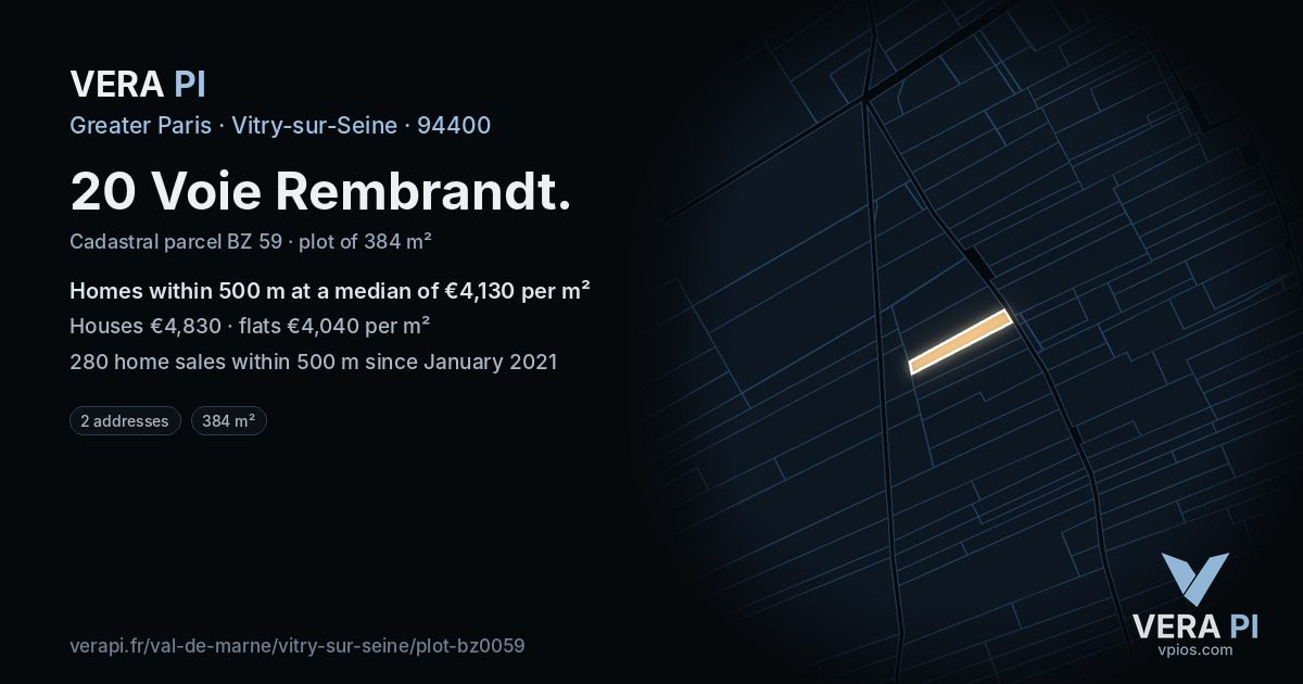 20 Voie Rembrandt, Vitry-sur-Seine at night – the plot lit, the parcels around coloured by the prices near them