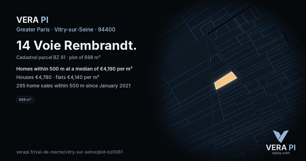 14 Voie Rembrandt, Vitry-sur-Seine at night – the plot lit, the parcels around coloured by the prices near them
