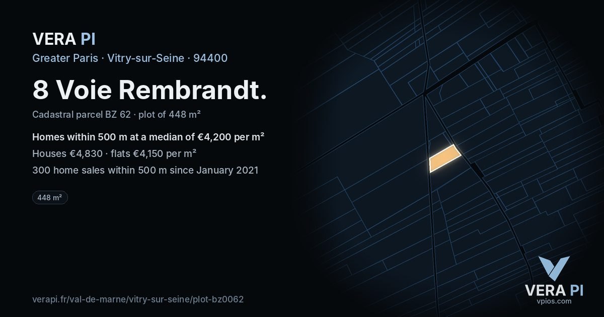 8 Voie Rembrandt, Vitry-sur-Seine at night – the plot lit, the parcels around coloured by the prices near them