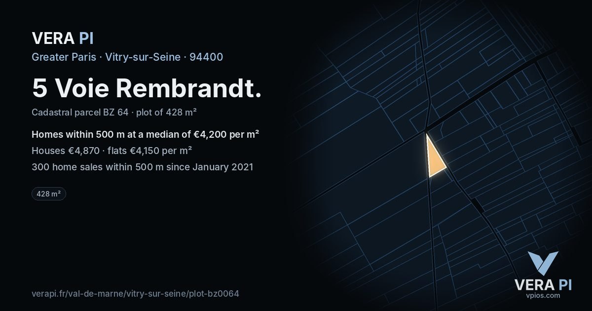 5 Voie Rembrandt, Vitry-sur-Seine at night – the plot lit, the parcels around coloured by the prices near them