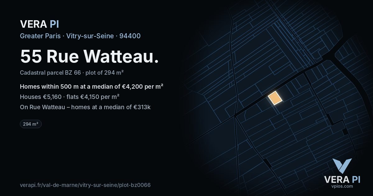 55 Rue Watteau, Vitry-sur-Seine at night – the plot lit, the parcels around coloured by the prices near them