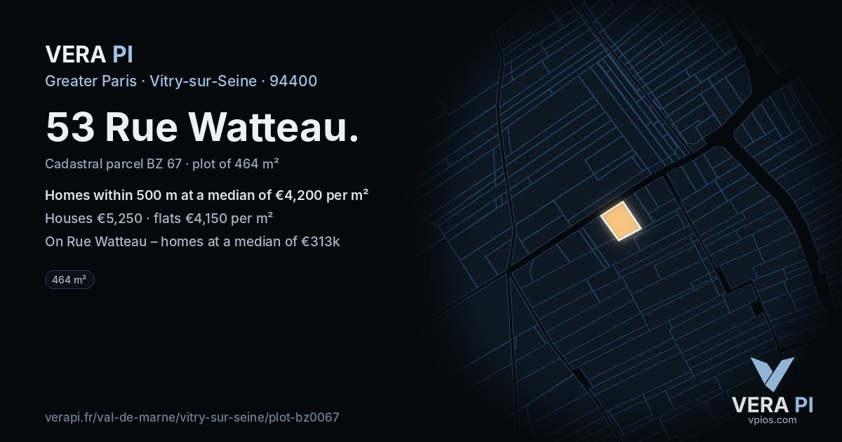 53 Rue Watteau, Vitry-sur-Seine at night – the plot lit, the parcels around coloured by the prices near them