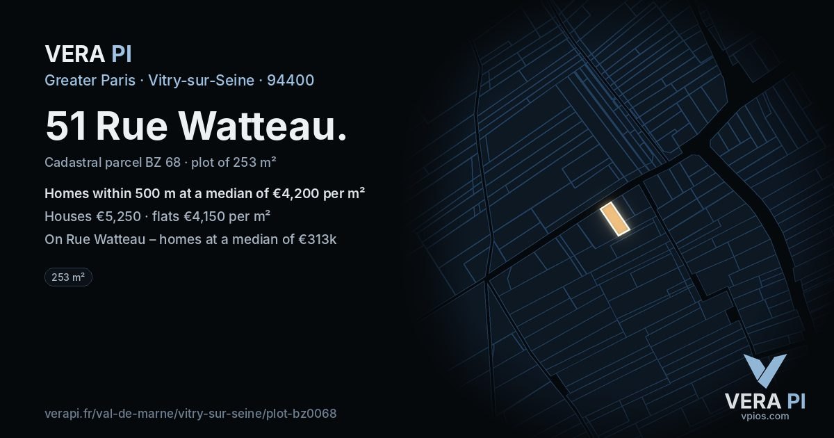 51 Rue Watteau, Vitry-sur-Seine at night – the plot lit, the parcels around coloured by the prices near them