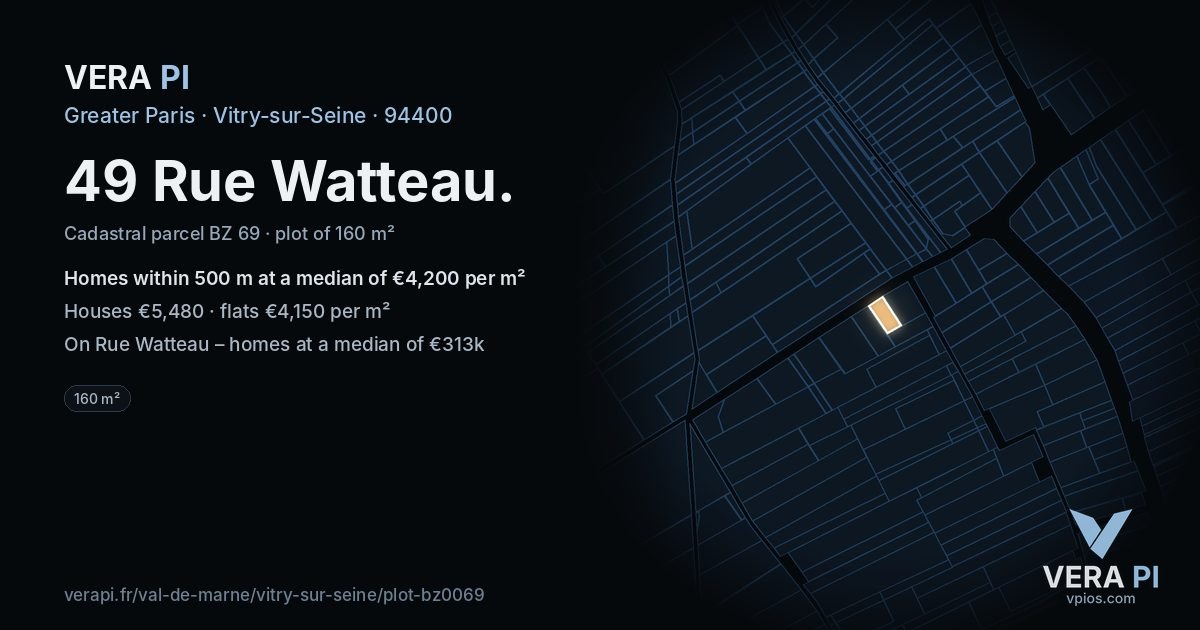 49 Rue Watteau, Vitry-sur-Seine at night – the plot lit, the parcels around coloured by the prices near them