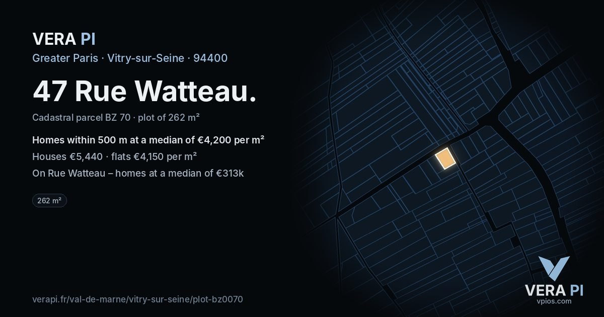 47 Rue Watteau, Vitry-sur-Seine at night – the plot lit, the parcels around coloured by the prices near them