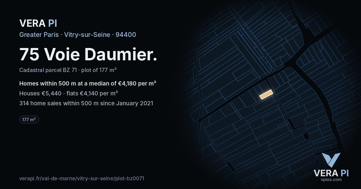 75 Voie Daumier, Vitry-sur-Seine at night – the plot lit, the parcels around coloured by the prices near them
