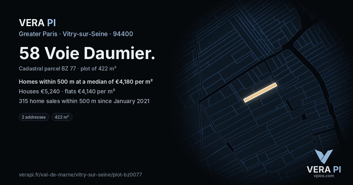 58 Voie Daumier, Vitry-sur-Seine at night – the plot lit, the parcels around coloured by the prices near them