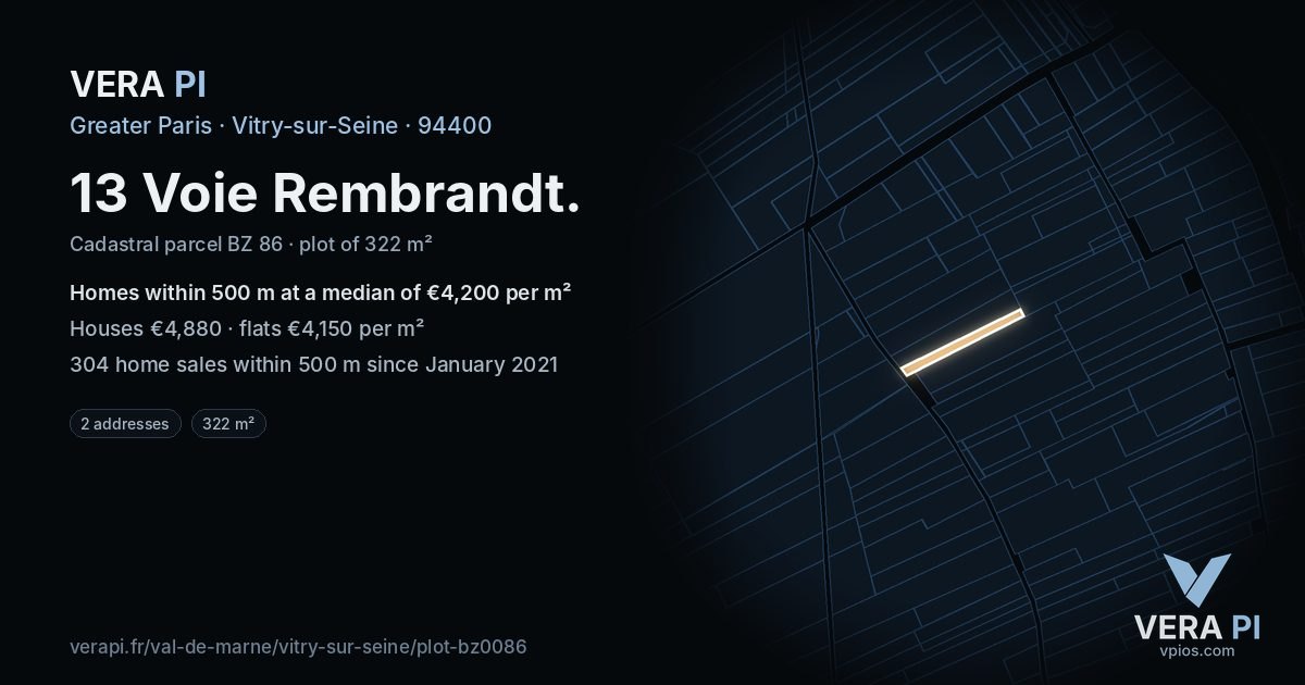 13 Voie Rembrandt, Vitry-sur-Seine at night – the plot lit, the parcels around coloured by the prices near them