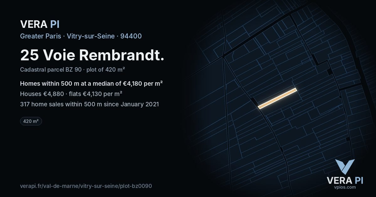 25 Voie Rembrandt, Vitry-sur-Seine at night – the plot lit, the parcels around coloured by the prices near them