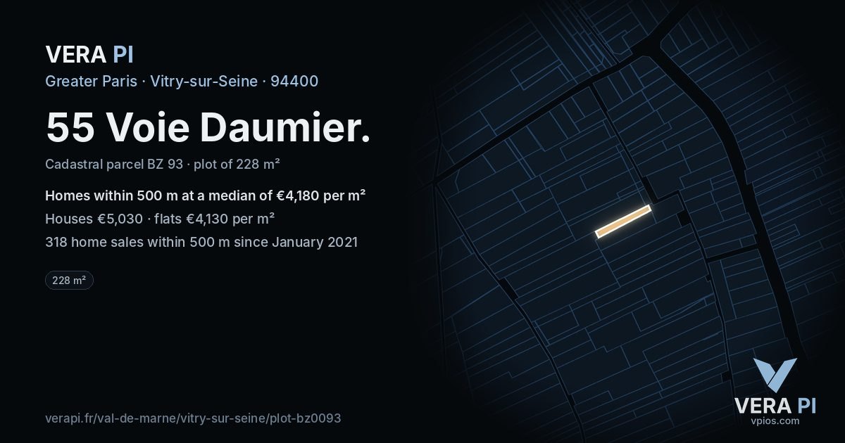 55 Voie Daumier, Vitry-sur-Seine at night – the plot lit, the parcels around coloured by the prices near them