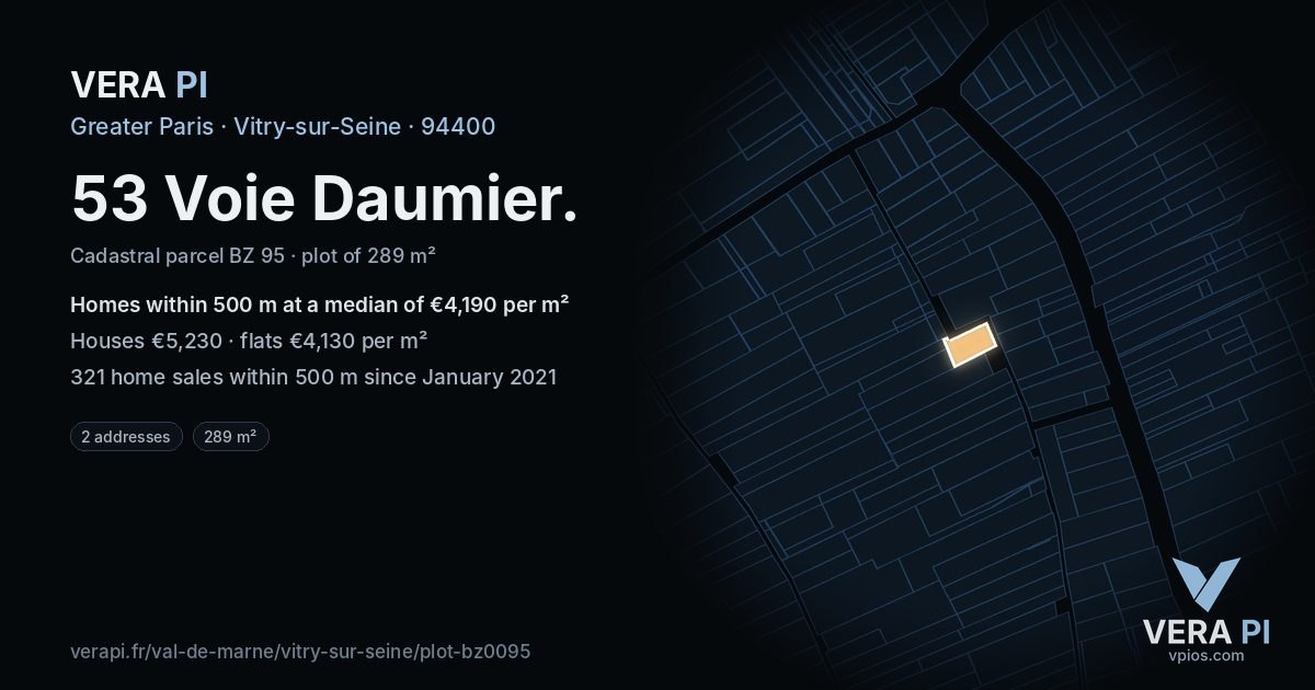 53 Voie Daumier, Vitry-sur-Seine at night – the plot lit, the parcels around coloured by the prices near them