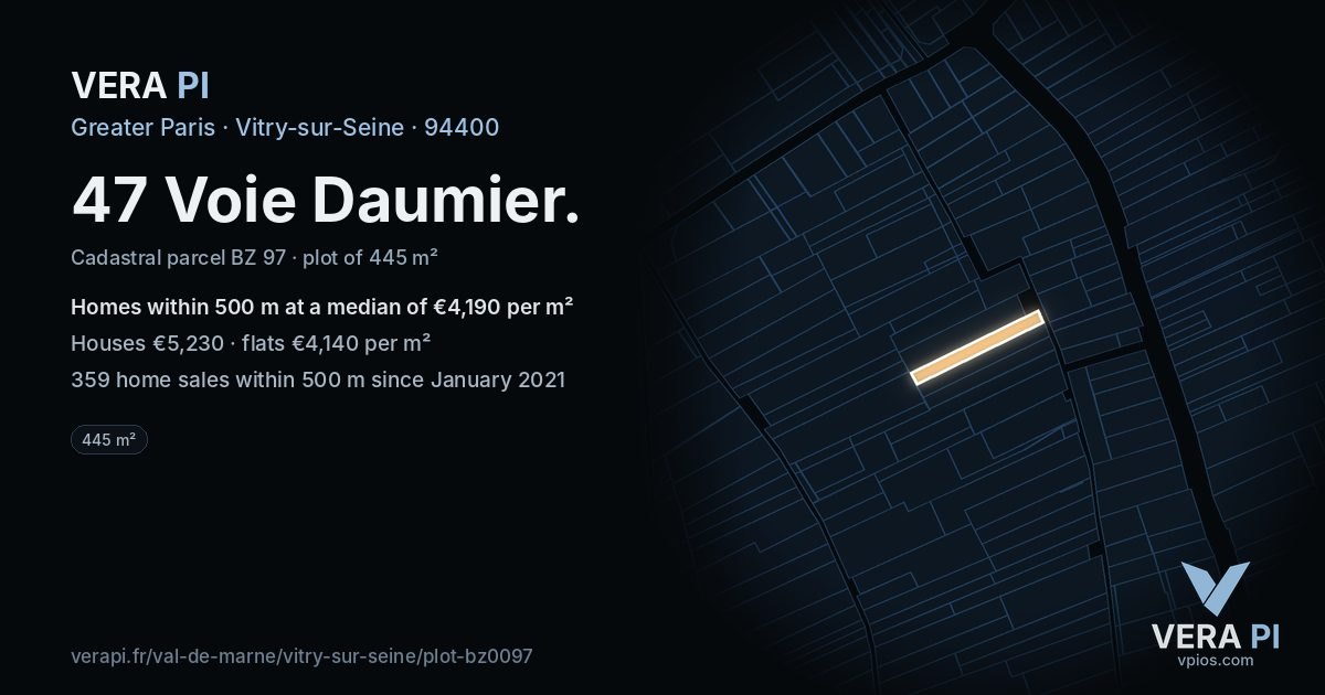 47 Voie Daumier, Vitry-sur-Seine at night – the plot lit, the parcels around coloured by the prices near them
