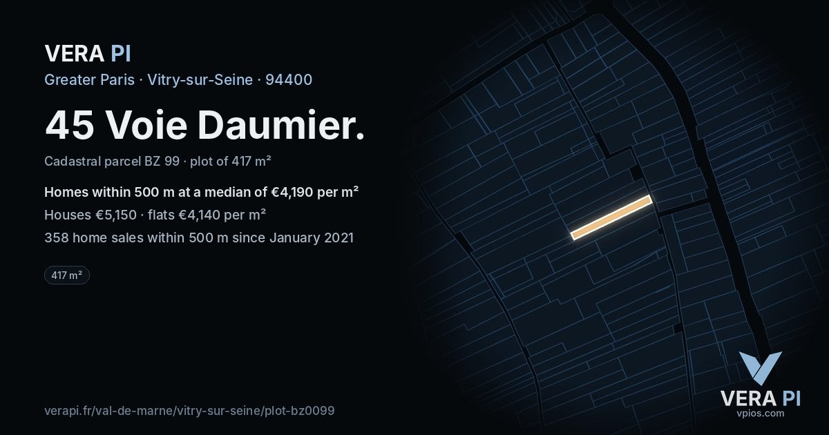 45 Voie Daumier, Vitry-sur-Seine at night – the plot lit, the parcels around coloured by the prices near them