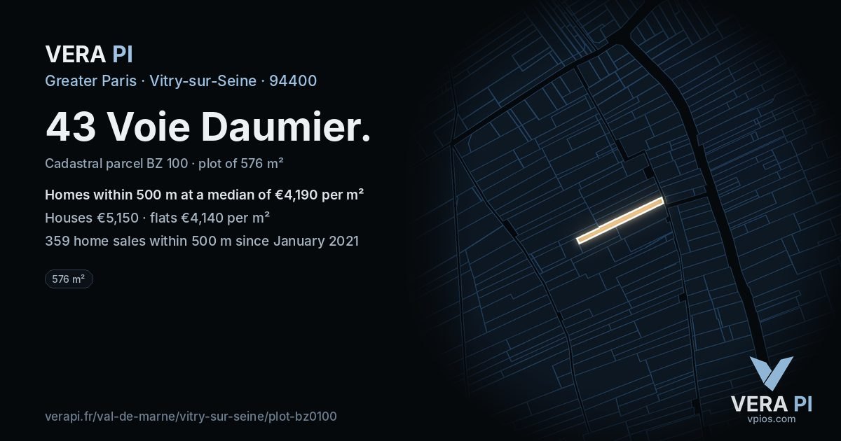 43 Voie Daumier, Vitry-sur-Seine at night – the plot lit, the parcels around coloured by the prices near them