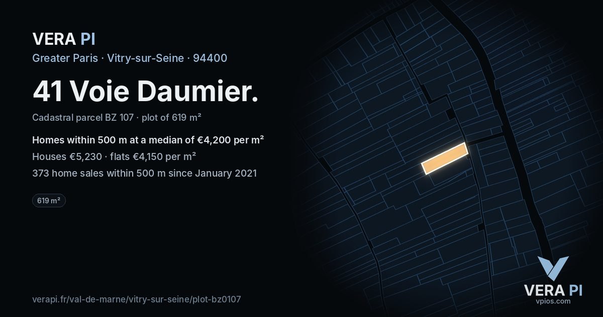 41 Voie Daumier, Vitry-sur-Seine at night – the plot lit, the parcels around coloured by the prices near them