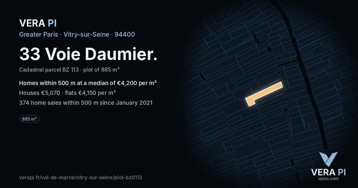 33 Voie Daumier, Vitry-sur-Seine at night – the plot lit, the parcels around coloured by the prices near them