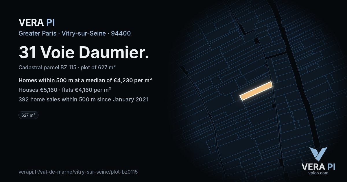 31 Voie Daumier, Vitry-sur-Seine at night – the plot lit, the parcels around coloured by the prices near them