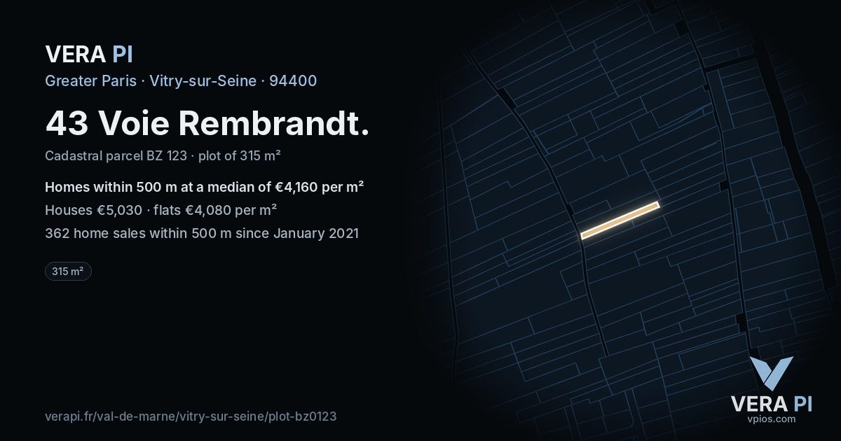 43 Voie Rembrandt, Vitry-sur-Seine at night – the plot lit, the parcels around coloured by the prices near them