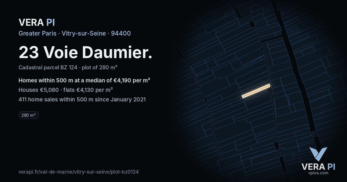 23 Voie Daumier, Vitry-sur-Seine at night – the plot lit, the parcels around coloured by the prices near them