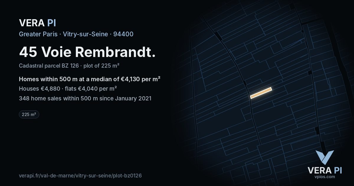 45 Voie Rembrandt, Vitry-sur-Seine at night – the plot lit, the parcels around coloured by the prices near them