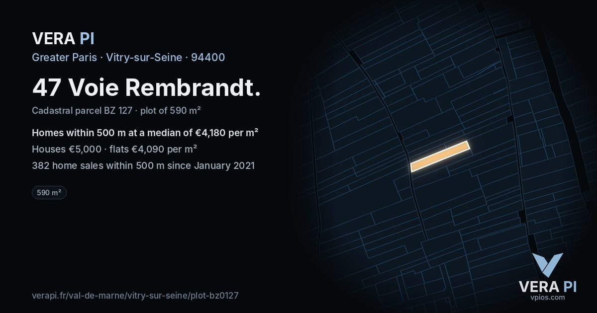 47 Voie Rembrandt, Vitry-sur-Seine at night – the plot lit, the parcels around coloured by the prices near them