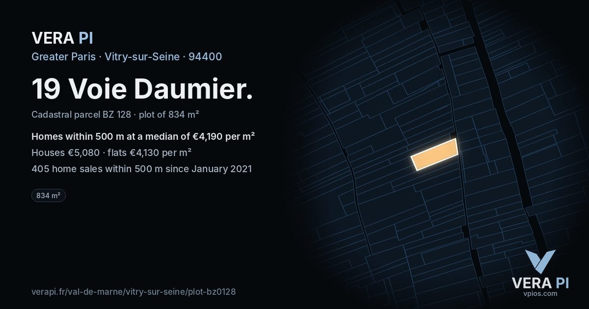 19 Voie Daumier, Vitry-sur-Seine at night – the plot lit, the parcels around coloured by the prices near them