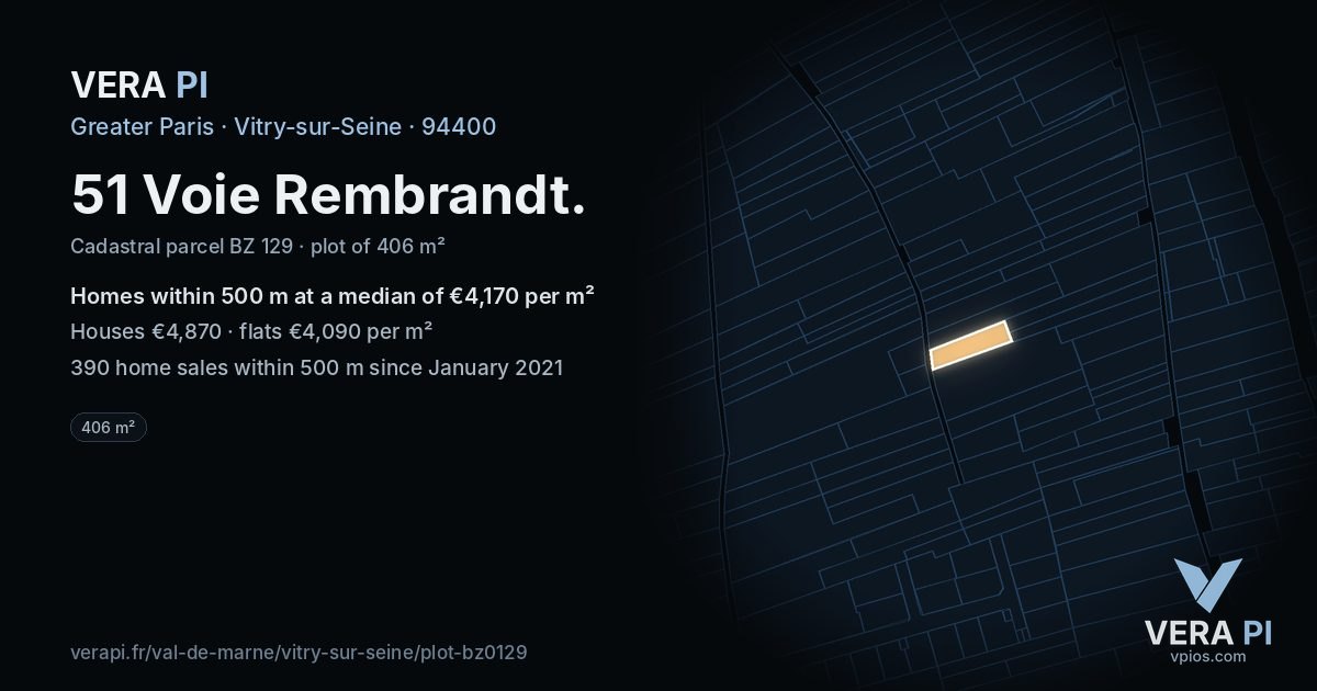 51 Voie Rembrandt, Vitry-sur-Seine at night – the plot lit, the parcels around coloured by the prices near them