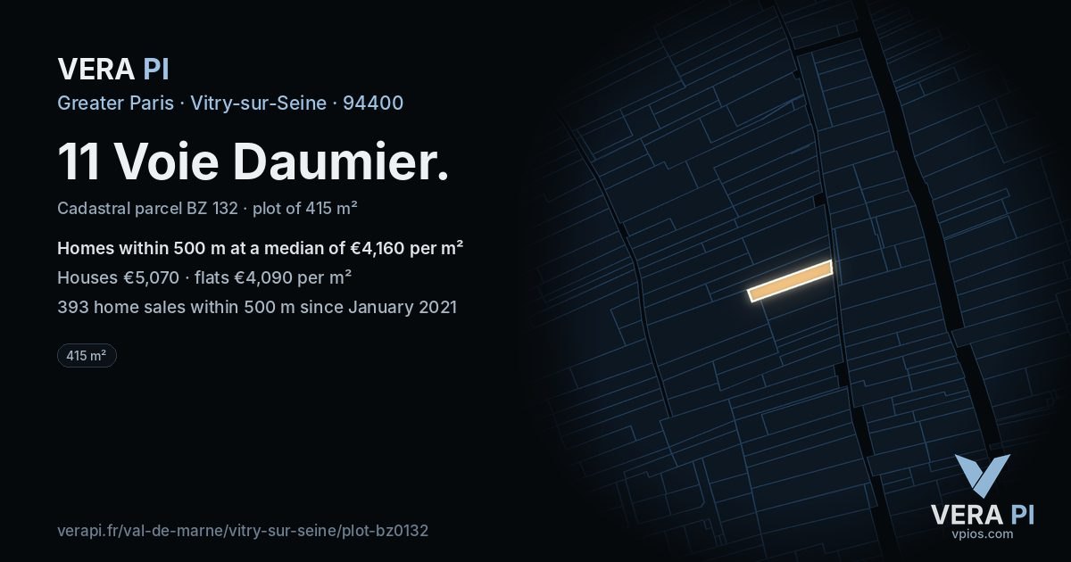 11 Voie Daumier, Vitry-sur-Seine at night – the plot lit, the parcels around coloured by the prices near them