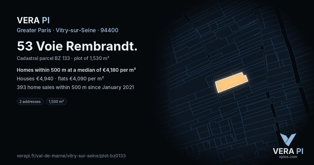 53 Voie Rembrandt, Vitry-sur-Seine at night – the plot lit, the parcels around coloured by the prices near them