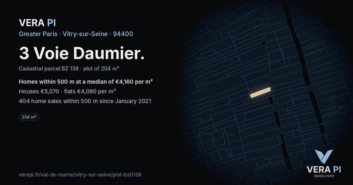 3 Voie Daumier, Vitry-sur-Seine at night – the plot lit, the parcels around coloured by the prices near them