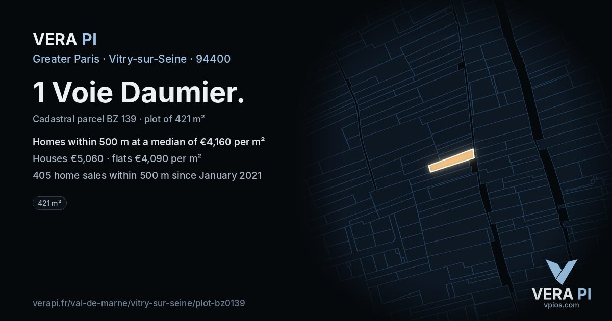 1 Voie Daumier, Vitry-sur-Seine at night – the plot lit, the parcels around coloured by the prices near them