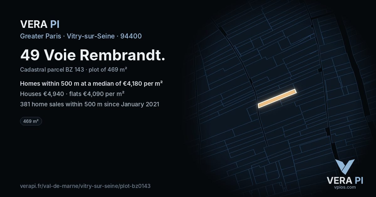 49 Voie Rembrandt, Vitry-sur-Seine at night – the plot lit, the parcels around coloured by the prices near them