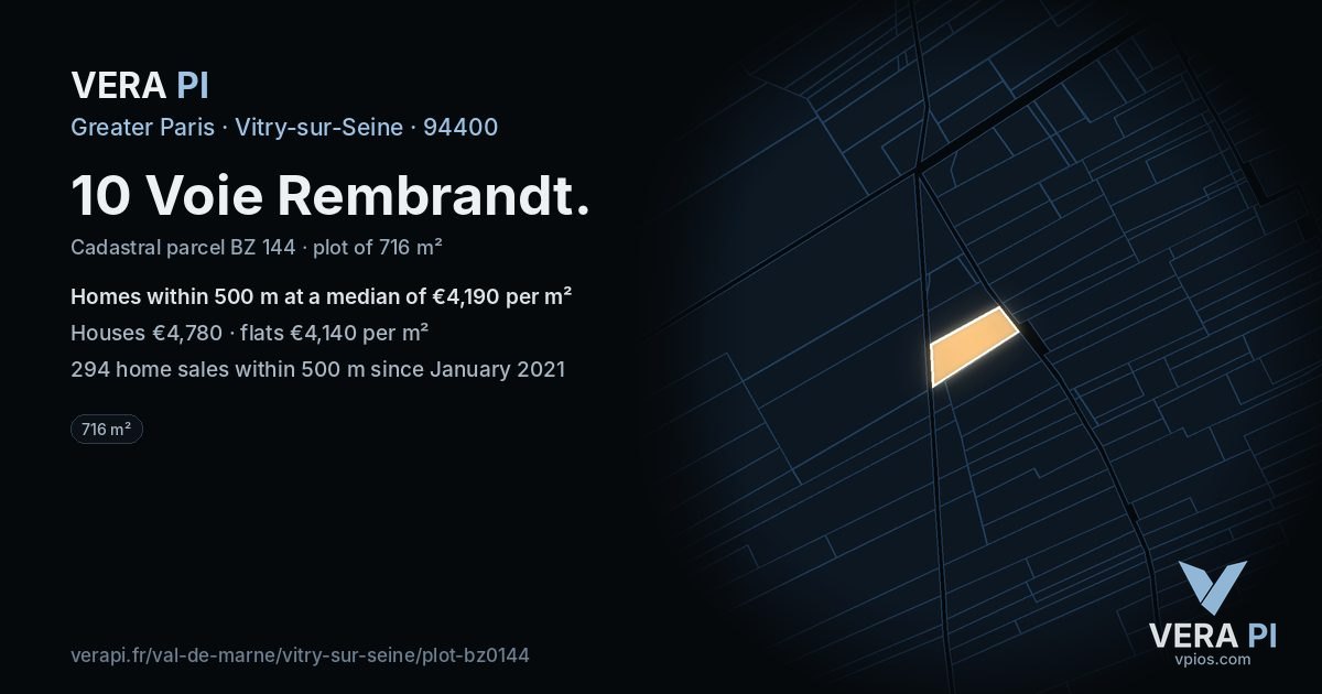 10 Voie Rembrandt, Vitry-sur-Seine at night – the plot lit, the parcels around coloured by the prices near them