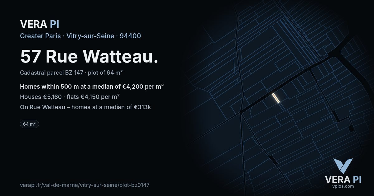 57 Rue Watteau, Vitry-sur-Seine at night – the plot lit, the parcels around coloured by the prices near them