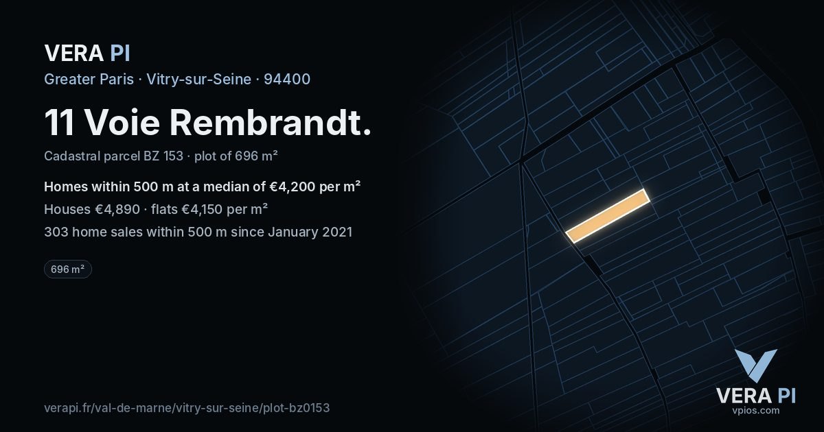 11 Voie Rembrandt, Vitry-sur-Seine at night – the plot lit, the parcels around coloured by the prices near them