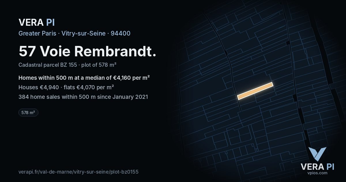 57 Voie Rembrandt, Vitry-sur-Seine at night – the plot lit, the parcels around coloured by the prices near them