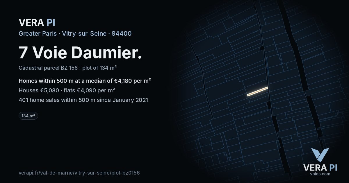 7 Voie Daumier, Vitry-sur-Seine at night – the plot lit, the parcels around coloured by the prices near them