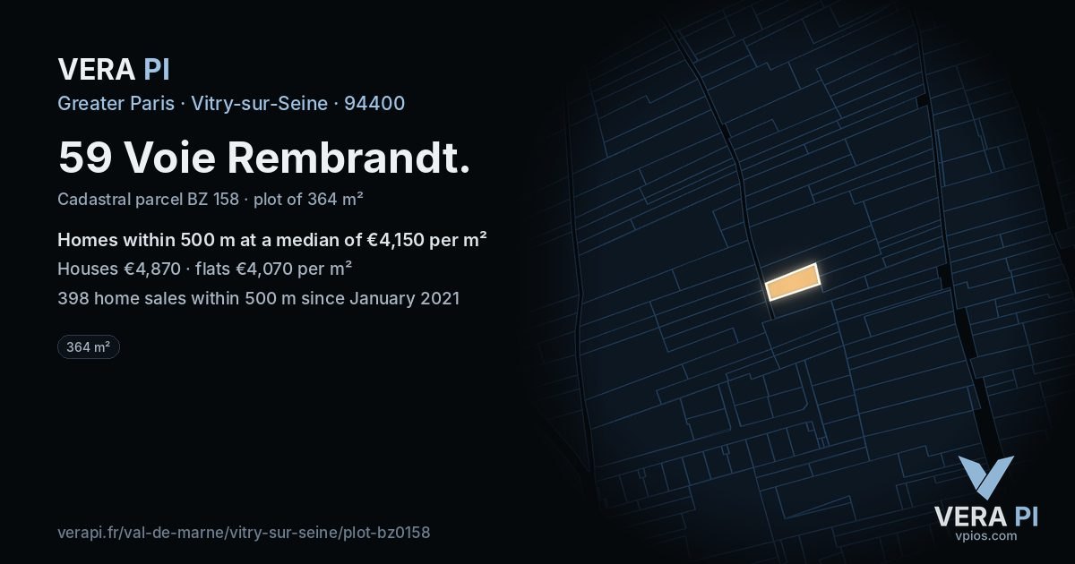 59 Voie Rembrandt, Vitry-sur-Seine at night – the plot lit, the parcels around coloured by the prices near them